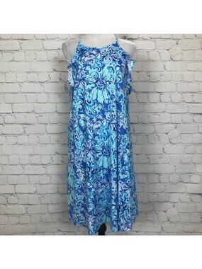 Lilly Pulitzer Billie Ruffle Dress Size L Saltwater Blue Suns Out Funs Out